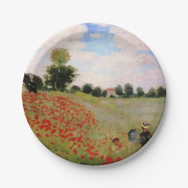 Red Poppies by Monet - Poppy Field Parasol Woman  Paper Plate (Front)