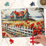 Red Poppies Country Side Farm House Puzzle<br><div class="desc">Puzzle featuring a fine art painting of a country side with farm house and red poppy flowers.</div>