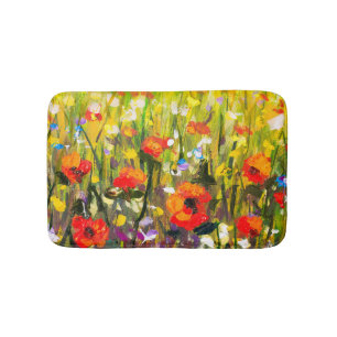 Red Poppies Field Abstract Painting Bath Mat