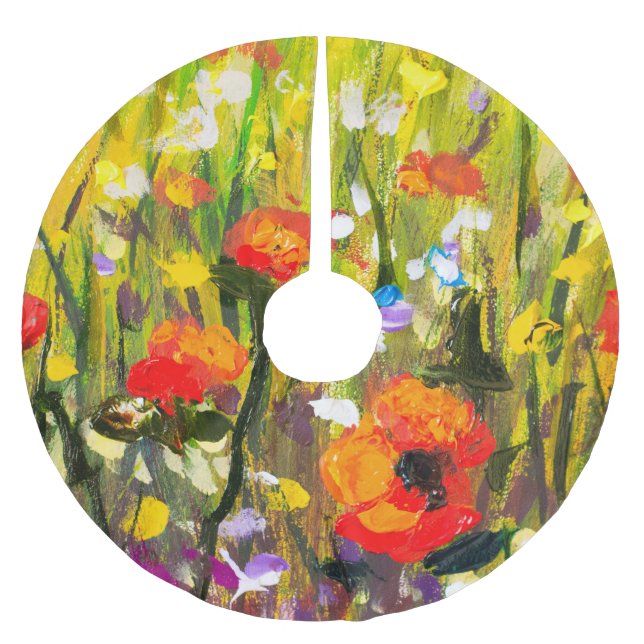 Red Poppies Field Abstract Painting Brushed Polyester Tree Skirt (Front)