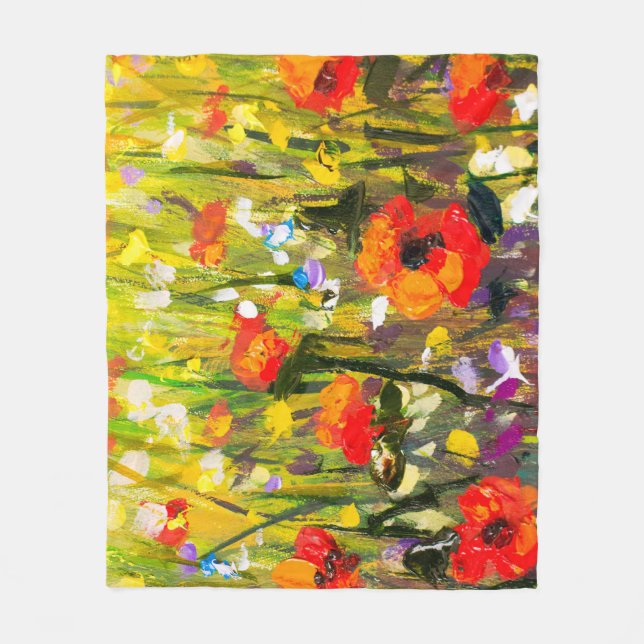 Red Poppies Field Abstract Painting Fleece Blanket (Front)