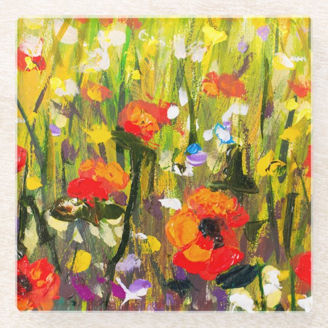 Red Poppies Field Abstract Painting Glass Coaster (Front)