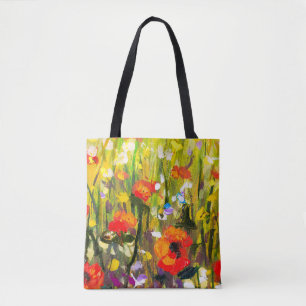 Red Poppies Field Abstract Painting Tote Bag