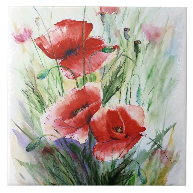 Red Poppies, Fine Watercolor by N.Stangrit Tile (Front)