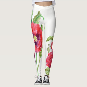 Red Poppies Floral Art Leggings