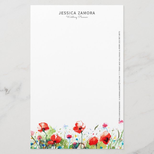 Red poppies floral design stationery (Front)