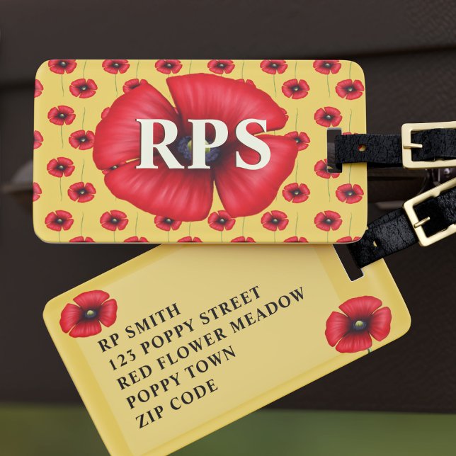 Red Poppies Floral Monogram Yellow Luggage Tag (Pop your initials and address on this poppy luggage tag and pop on a plane to paradise)