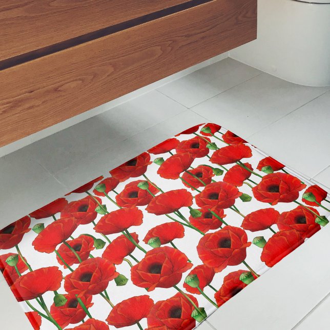 Red Poppies Floral Pattern Bath Mat (Red Poppy Pattern Bath Mat)