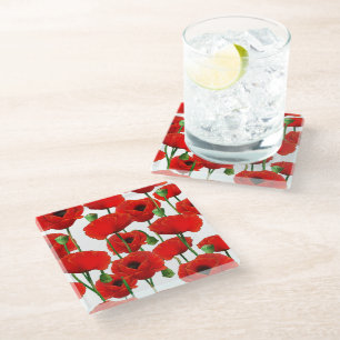 Red Poppies Floral Pattern Glass Coaster