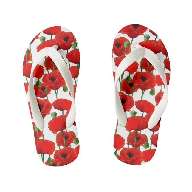 Red Poppies Floral Pattern Kid's Jandals (Footbed)