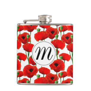 Red Poppies Floral Pattern & Monogram Hip Flask