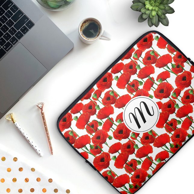 Red Poppies Floral Pattern & Monogram Laptop Sleeve (Red Poppy Pattern with Monogram Laptop Sleeve (add your own initial))