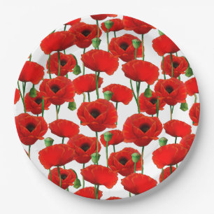 Red Poppies Floral Pattern Paper Plate