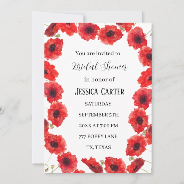 Red Poppies Floral Watercolor Boho Bridal Shower  Invitation (Front)