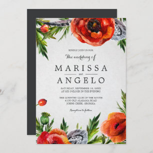 Red Poppies Floral Watercolor Wedding   Grey Back Invitation