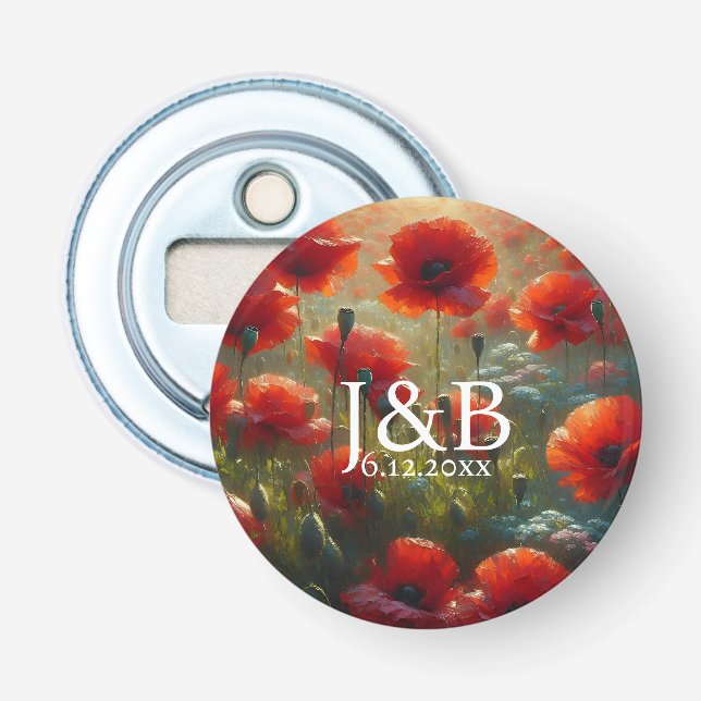 Red Poppies Floral Wedding Personalised Bottle Opener (Front)
