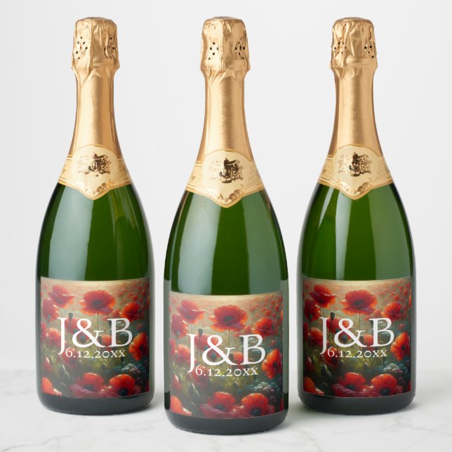 Red Poppies Floral Wedding Personalised Sparkling Wine Label (Bottles)