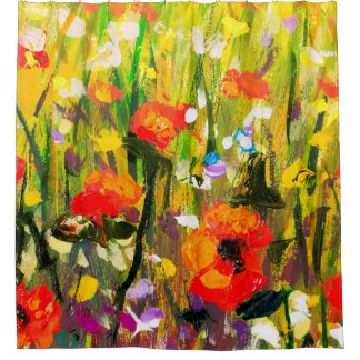 Red poppies flower field - Original handmade abstr Shower Curtain