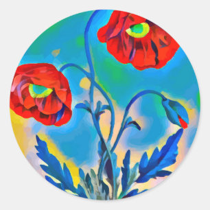 Red Poppies flowers Abstract Original digital art Classic Round Sticker