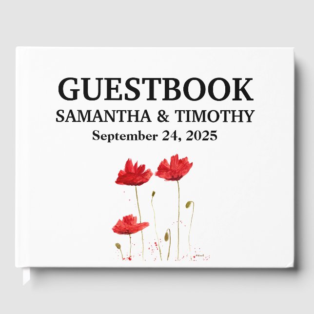 Red Poppies Flowers Floral Wedding Guest Book (Front)