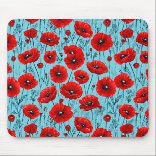 Red poppies flowers on a blue background mouse pad