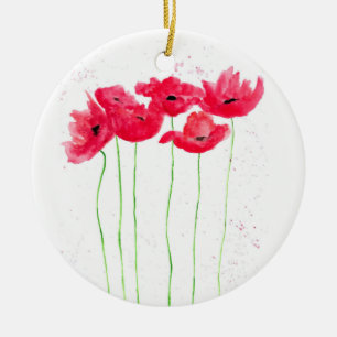 Red poppies flowers watercolor Floral Nature art Ceramic Tree Decoration