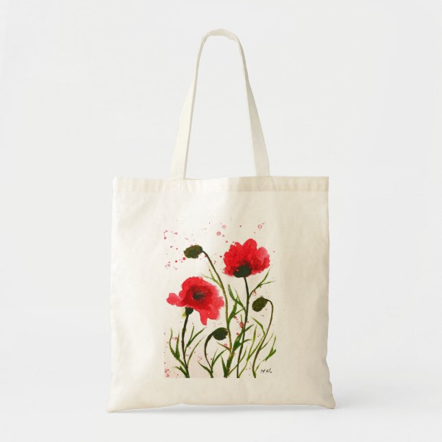 Red poppies flowers watercolor rustic nature poppy tote bag (Front)