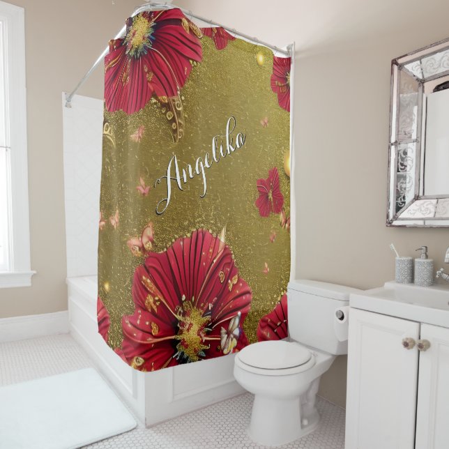Red Poppies Gold Glitters Custom Name Shower Curtain (In Situ)