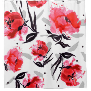 Red Poppies, Grey Stripes Pattern. Shower Curtain