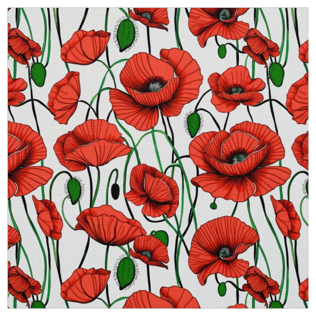 Red Poppies in a Field on White Fabric (Swatch)