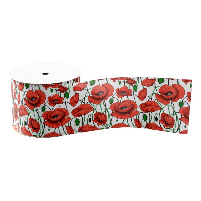 Red Poppies in a Field on White Grosgrain Ribbon (Spool)