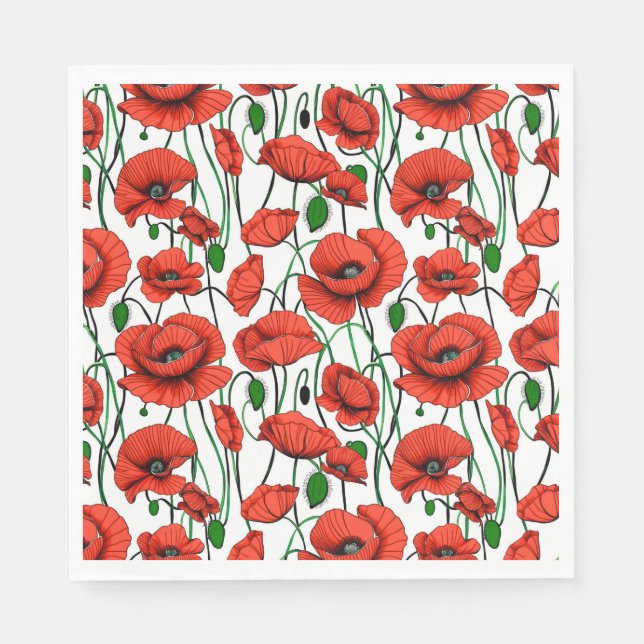 Red Poppies in a Field on White Napkin (Front)