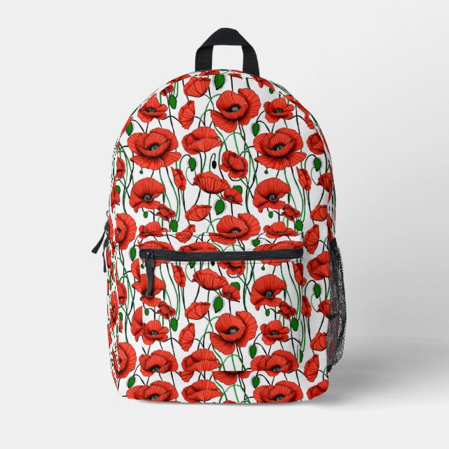 Red Poppies in a Field on White Printed Backpack (Front)