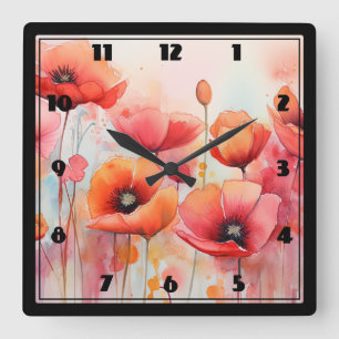 Red Poppies in a Field Watercolor Square Wall Clock