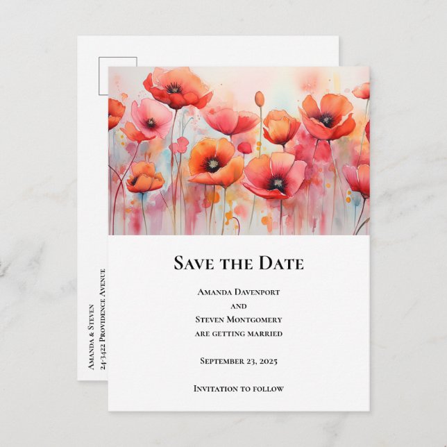 Red Poppies in a Field Watercolor Wedding Announcement Postcard (Front/Back)