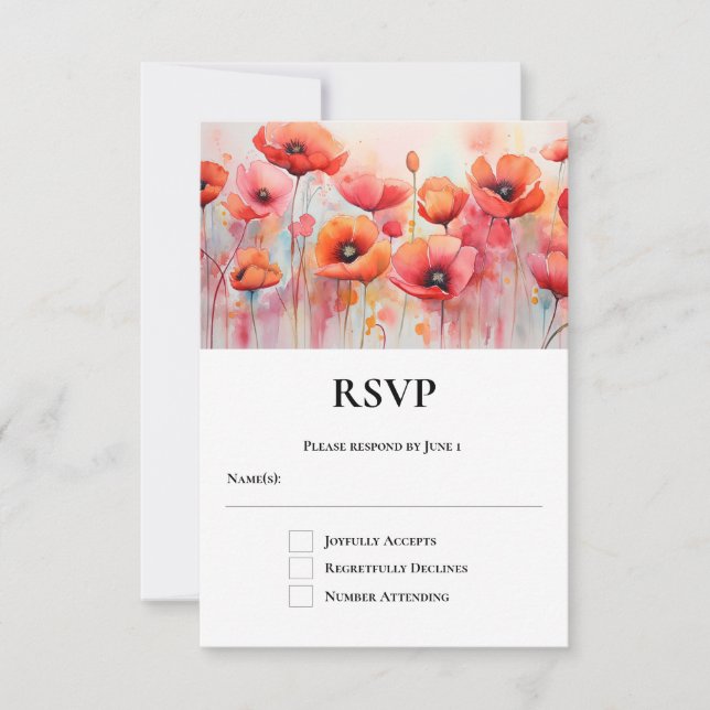 Red Poppies in a Field Watercolor Wedding RSVP Card (Front)
