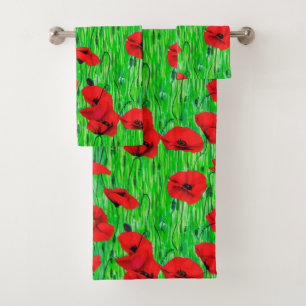 Red Poppies in a Green Field Bath Towel Set