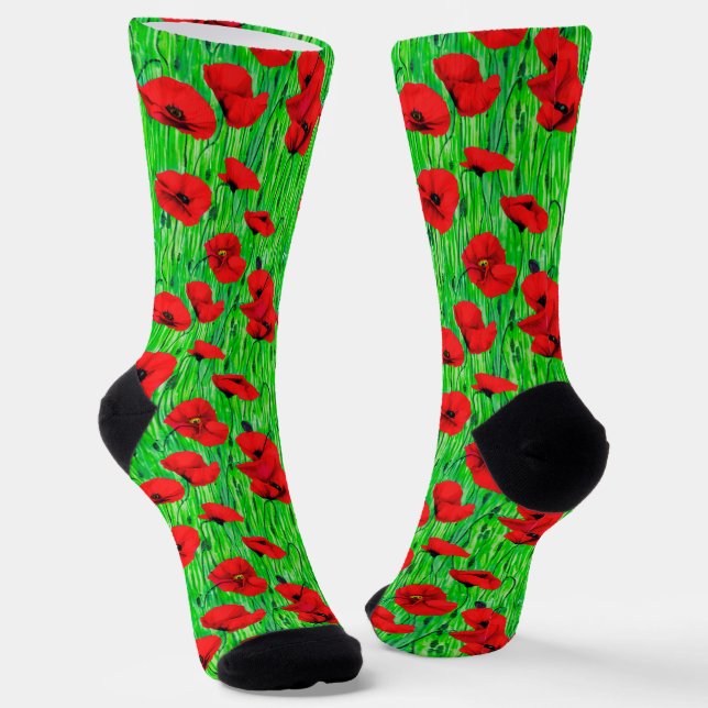 Red Poppies in a Green Field  Socks (Angled)