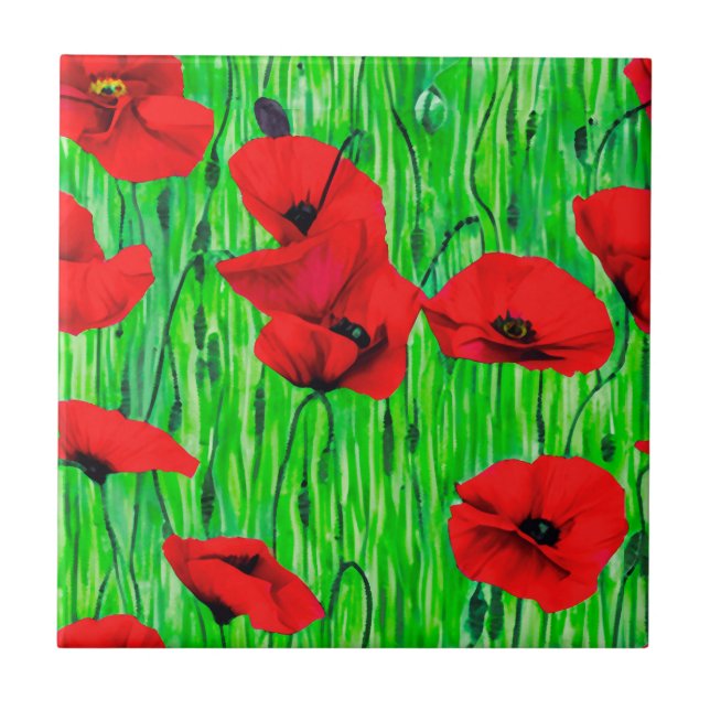 Red Poppies in a Green Field Tile (Front)