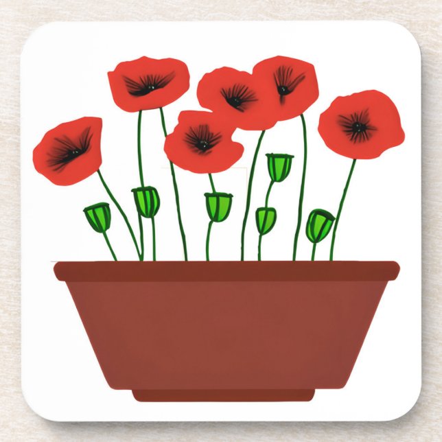 Red Poppies in a Terracotta Planter  Coaster (Front)