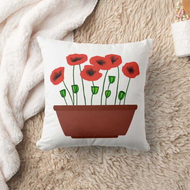Red Poppies in a Terracotta Planter  Cushion (Blanket)