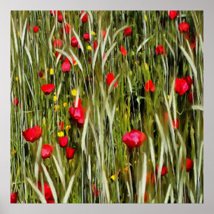 Red Poppies In A Wheatfield Painting Poster