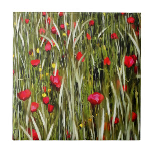 Red Poppies In A Wheatfield Painting Tile