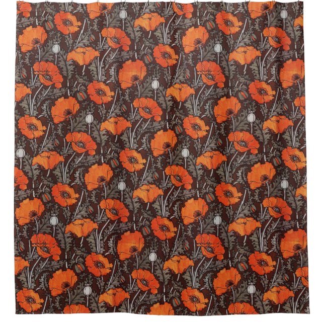RED POPPIES IN BLACK WHITE Poppy Field Floral Shower Curtain (Front)