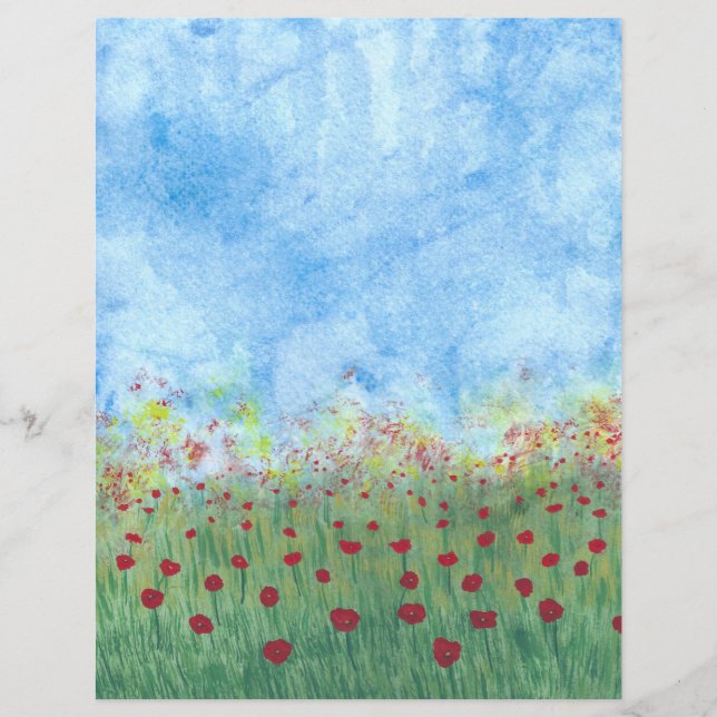 Red Poppies in Field Watercolor Scrapbook Paper (Front)