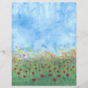 Red Poppies in Field Watercolor Scrapbook Paper