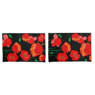 Red Poppies in Full Bloom Black Background Pillowcase