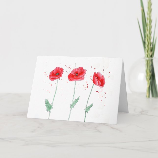 Red Poppies in Watercolors Thank You Card (Front)