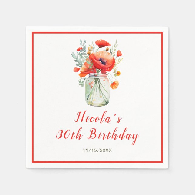Red Poppies Mason Jar Birthday Napkin (Front)