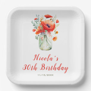 Red Poppies Mason Jar Birthday Paper Plate